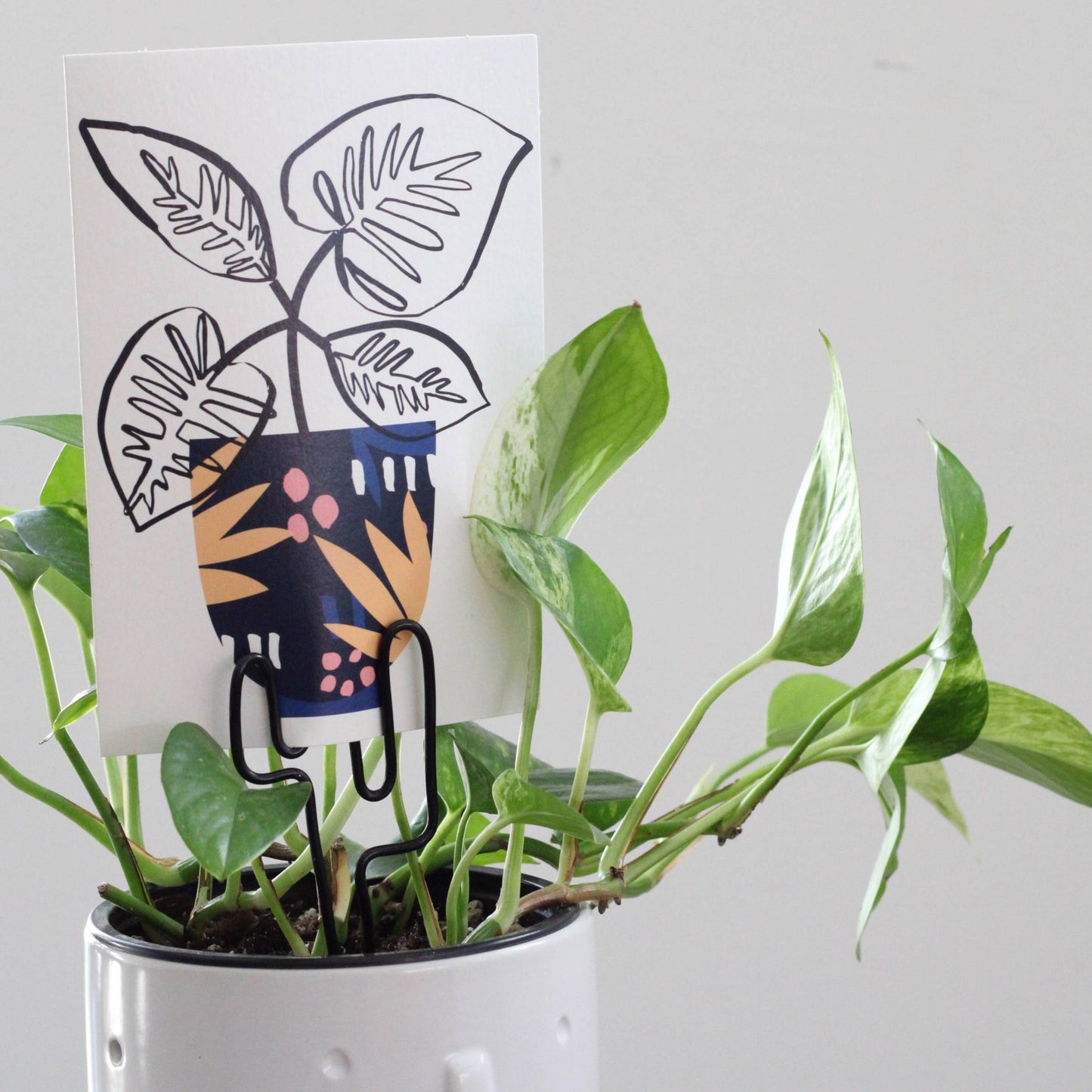 Decorative cactus-shaped plant stake handcrafted from black aluminium with an example gift card; doubles as a plant support and a unique gift card holder—perfect as a sustainable plant gift idea.