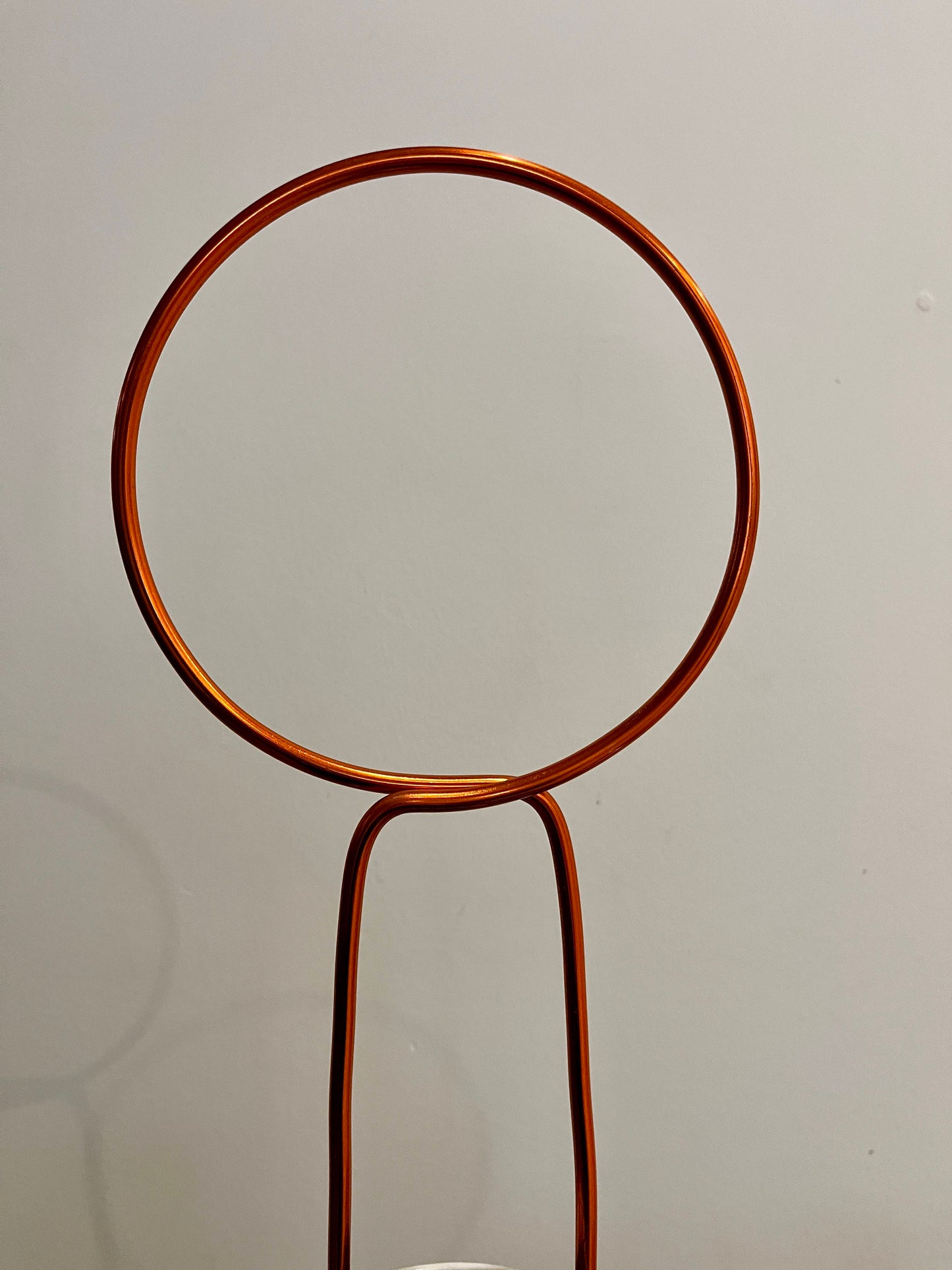 Minimalist circle trellis handcrafted from twisted dark copper aluminium wire, designed to support trailing or climbing indoor plants with a modern, sculptural touch.