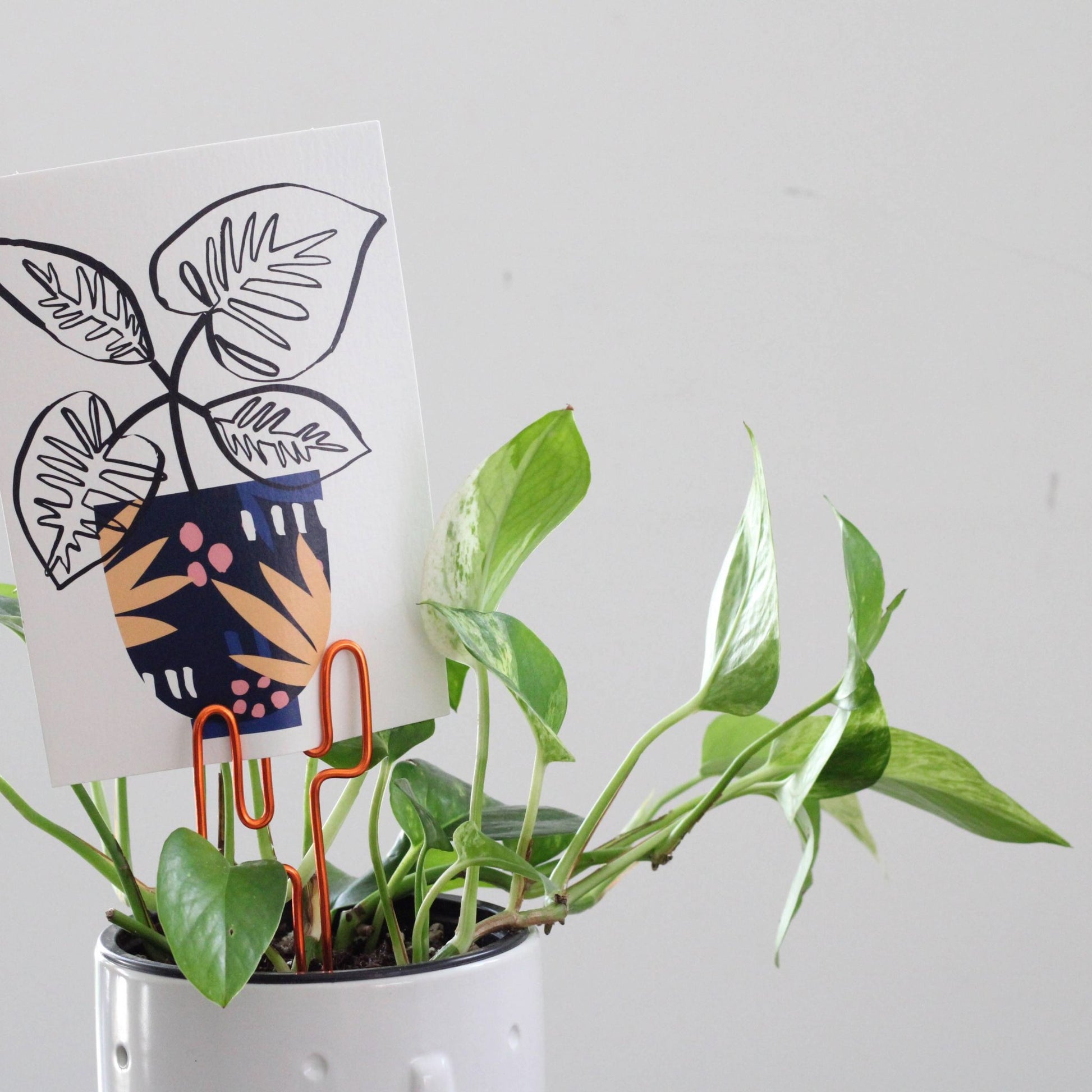 Decorative cactus-shaped plant stake handcrafted from dark copper aluminium with an example gift card; doubles as a plant support and a unique gift card holder—perfect as a sustainable plant gift idea.